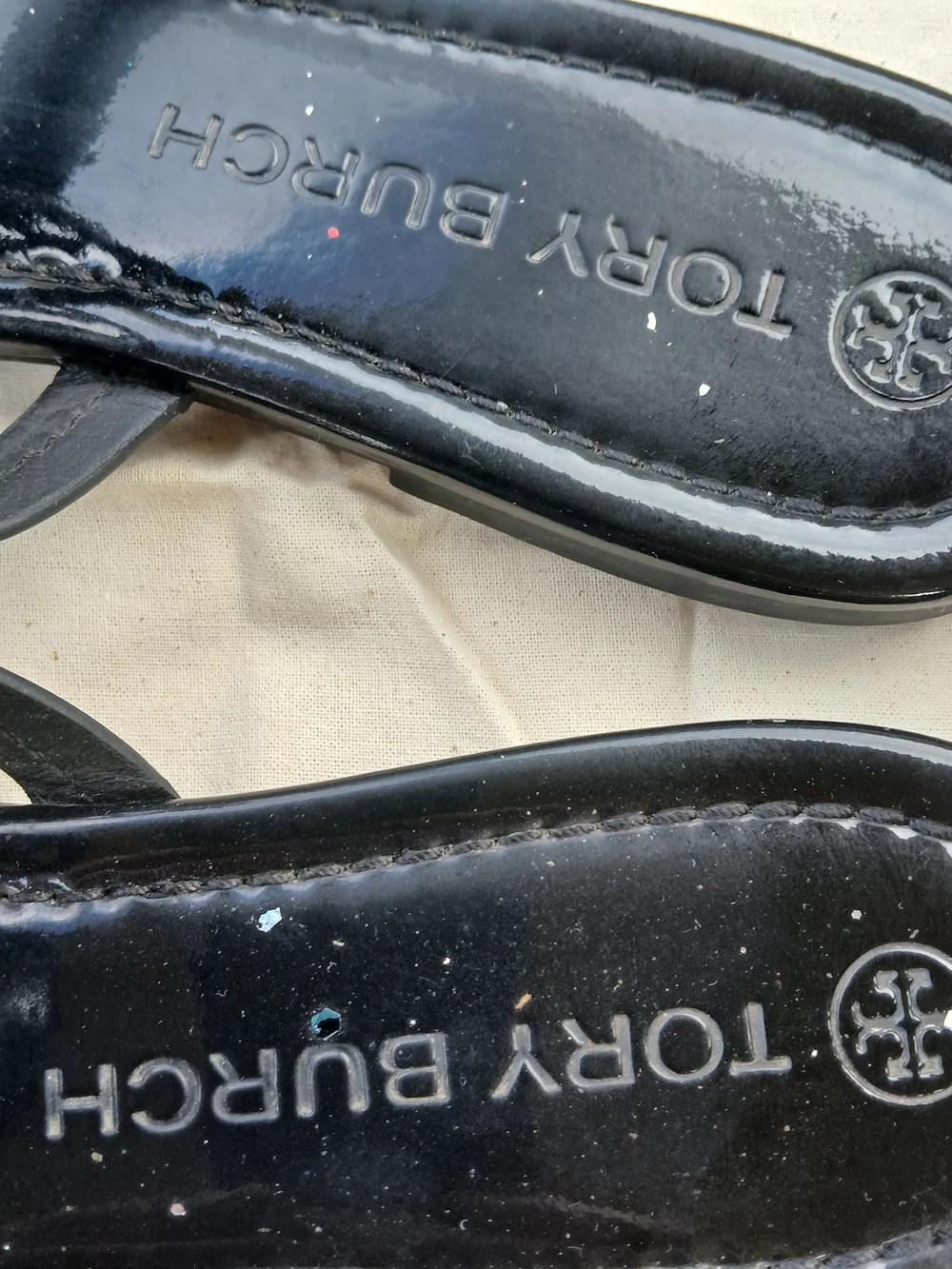 Tory Burch Miller Sandals In Black Patent Logo With Box And Bag